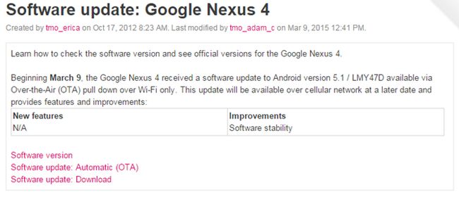Fotografía - [Android 5.1 Reloj] T-Mobile Mensajes Android 5.1 Actualizar Documentos Para Nexus 4, 5 y 7: Construir LMY47D, Rollout puede comenzar hoy
